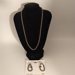 Vintage Silvertone and Black Twisted Braided Rope 16” Chain Necklace & Earings